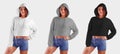 Mockup female crop top on a beautiful posing girl in blue shorts, white,gray,black hoodie on a model in the hood