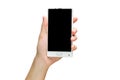 Mockup of female hand holding frameless cell phone with blank screen Royalty Free Stock Photo