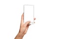 Mockup of female hand holding modern white cellphone with blank screen
