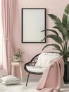 Mockup of a female room with an airy, summery feel. Refreshing atmosphere with empty clean and clear poster frame. AI Generated