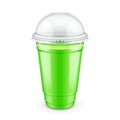 Mockup Filled Disposable Plastic Cup With Lid. Cucumber, Watercress, Lime, Mint Celery Fresh Drink. Green Juice