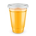 Mockup Filled Disposable Plastic Cup With Lid. Orange, Apricot, Mango, Melon, Fresh Drink. Yellow, Orange Juice