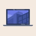 A mockup of a flat vector laptop with an architectural cityscape image on a wallpaper.