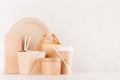 Mockup food takeaway packaging for cafe and restaurant - blank container, box, bowl for food, drink, packet, chopsticks of paper