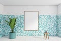 Mockup frame in bathroom with backsplash on wall, plant and chair