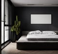 Mockup frame in bedroom interior background, dark loft style, 3d render Royalty Free Stock Photo
