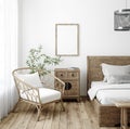 Mockup frame in bedroom interior background, Farmhouse style