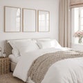 Mockup frame in bedroom interior background, room in light pastel colors Royalty Free Stock Photo