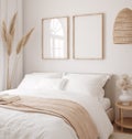 Mockup frame in bedroom interior background, room in light pastel colors Royalty Free Stock Photo