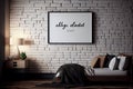 Mockup frame on cabinet in living room interior on empty dark wall background Royalty Free Stock Photo