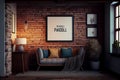 Mockup frame on cabinet in living room interior on empty dark wall background Royalty Free Stock Photo