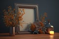 mockup. Frame, candle and bouquet of flowers. AI generative