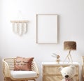 Mockup frame in children bedroom with wicker furniture, Coastal boho style