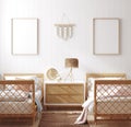 Mockup frame in children bedroom with wicker furniture, Coastal boho style