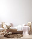 Mockup frame in children bedroom with wicker furniture, Coastal boho style