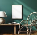 Mockup frame close up in home interior background, dark green room with bench and dÃÂ©cor Royalty Free Stock Photo