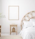 Mockup frame in Coastal boho style bedroom interior Royalty Free Stock Photo