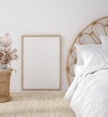 Mockup frame in Coastal boho style bedroom interior Royalty Free Stock Photo