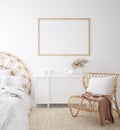 Mockup frame in Coastal boho style bedroom interior Royalty Free Stock Photo