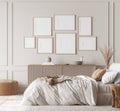 Mockup frame in contemporary bedroom design, gallery wall in bight home decor