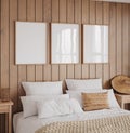 Mockup frame in cozy bedroom interior background