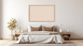 Mockup frame in cozy beige bedroom interior background