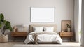 Mockup frame in cozy beige bedroom interior background