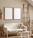 Mockup frame in cozy beige children room interior background