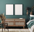 Mockup frame in cozy dark blue bedroom interior background, farmhouse style