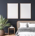 Mockup frame in dark bedroom interior, wooden rattan bed on empty dark wall background