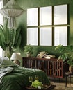Mockup frame in dark green bedroom interior background Royalty Free Stock Photo