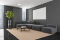 Mockup frame in dark living room with sofa on carpet Royalty Free Stock Photo