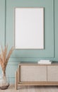 Mockup frame in farmhouse living room interior, vertical wooden frame on classic blue wall background