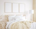 Mockup frame in farmhouse style bedroom interior background