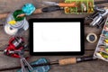 Mockup frame fishing tackles baits on wooden