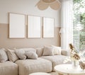 Mockup frame in home interior background, living room in pastel beige colors, boho style