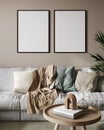 Mockup frame in home interior background, room in natural pastel colors, 3d render