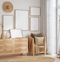 Mockup frame in interior background, room in light pastel colors with rattan furniture, Coastal style