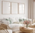 Mockup frame in interior background, room in light pastel colors, Scandi-Boho style Royalty Free Stock Photo