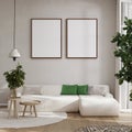 Mockup frame in interior background, room in light pastel colors, Scandi-Boho style, 3d render Royalty Free Stock Photo