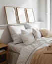 Mockup frame in light cozy and simple bedroom interior background Royalty Free Stock Photo