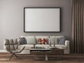 Mockup frame in living room with beige sofa set and gray wall. Royalty Free Stock Photo