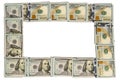 Mockup frame made of hundred-dollar banknotes isolated on white with copy space Royalty Free Stock Photo