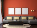 Mockup frame in modern interior with red painted wall, grey sofa, and round carpet. 3d illustration. 3d rendering Royalty Free Stock Photo