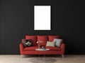 Mockup frame in the room with black painted wall and red sofa Royalty Free Stock Photo
