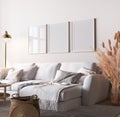 Mockup frame in Scandinavian interior background, bright room in white neutral colors, Boho style