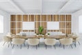 Mockup frame in white and wooden conference room with modern furniture