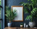mockup of frames in blue wall and plants Royalty Free Stock Photo