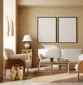 Mockup frames in contemporary nomadic home interior background in warm beige tones