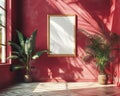 mockup of frames in red wall with plants Royalty Free Stock Photo